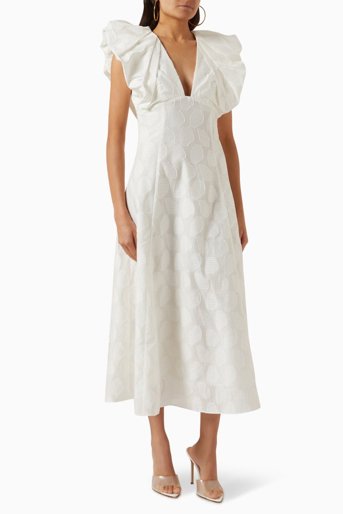 

Morin Ruffled Midi Dress in Rayon, White