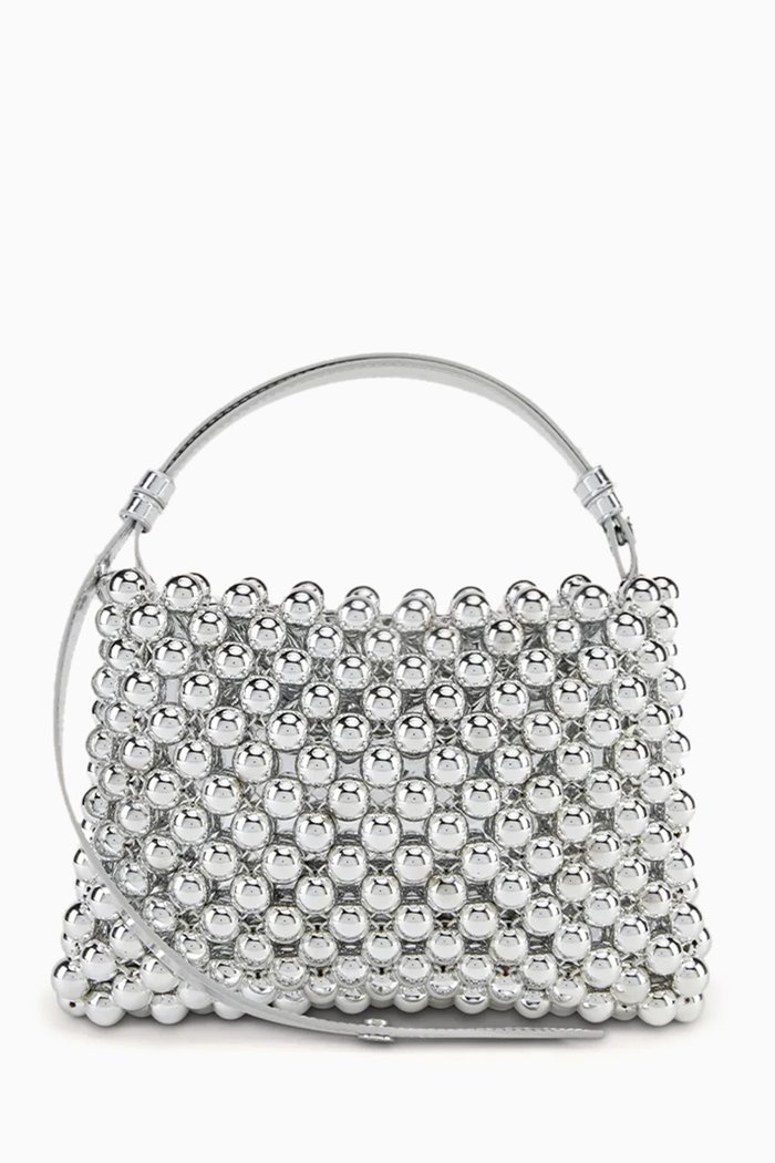 

Mini Puffin Beaded Top-handle Bag, Silver