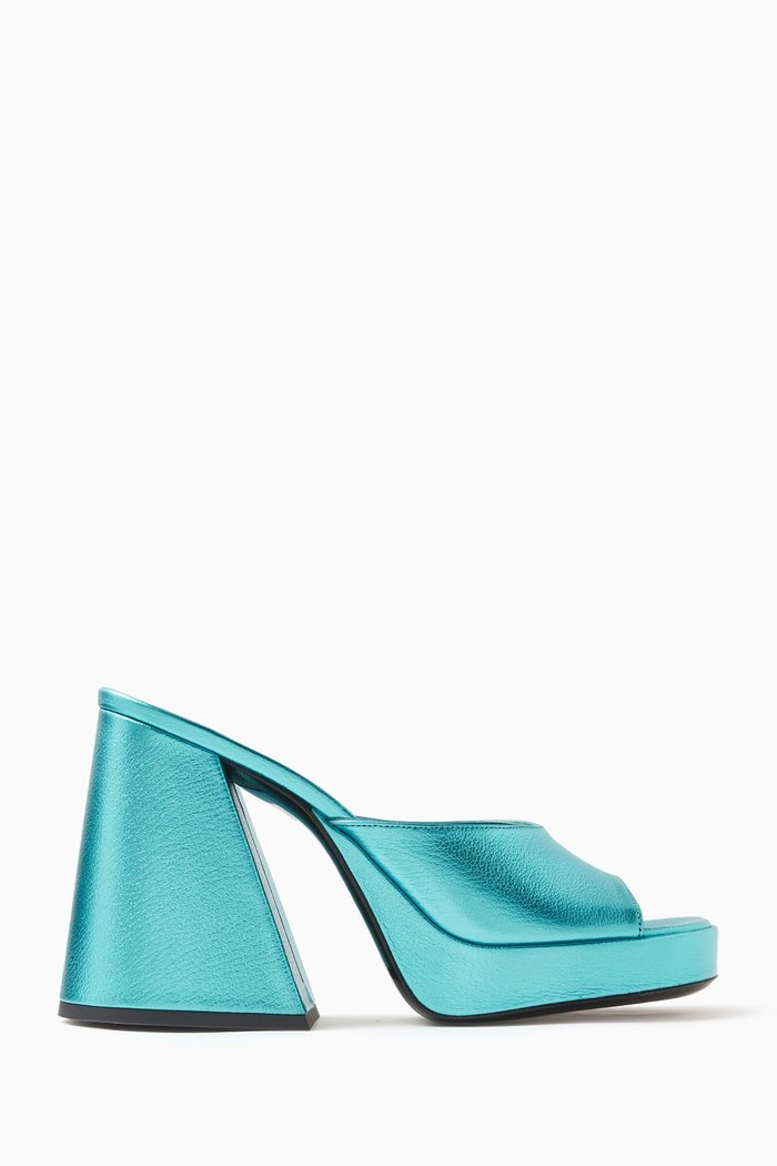 Slice Mule Sandals in Metallic Foil Leather, Blue
