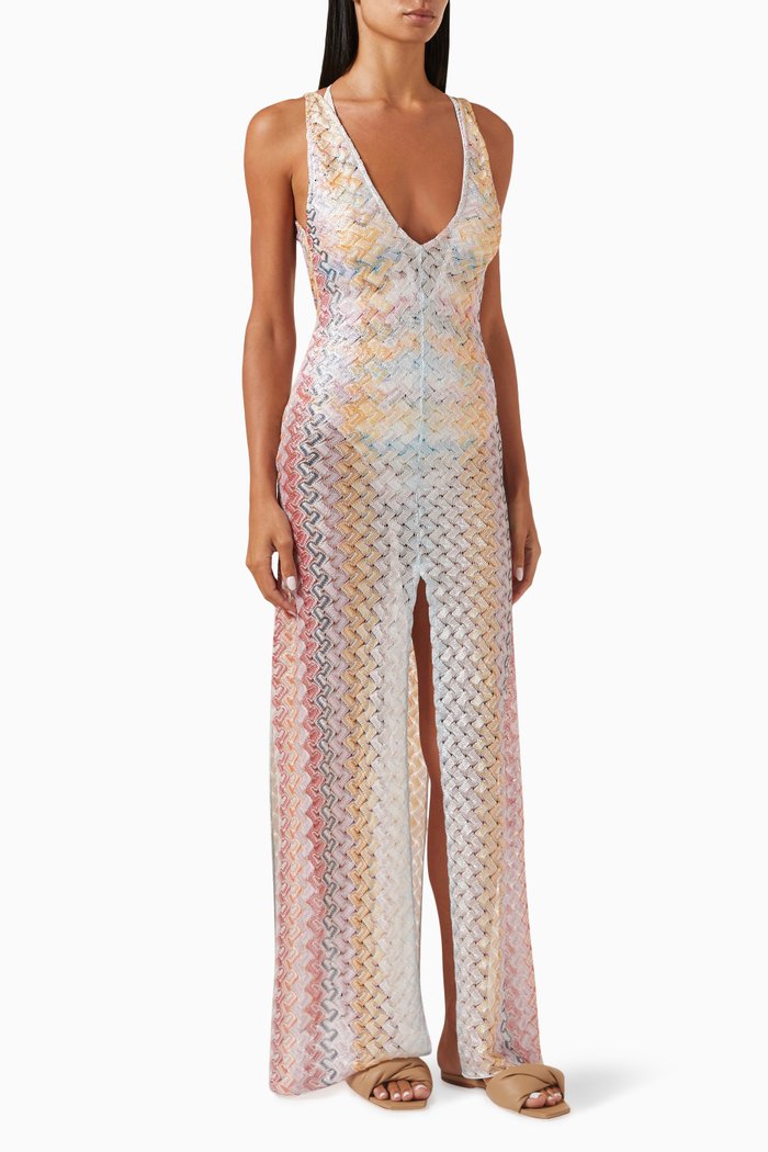 

Plunge-neck Coverup Dress in Laminated Lace, Multicolour