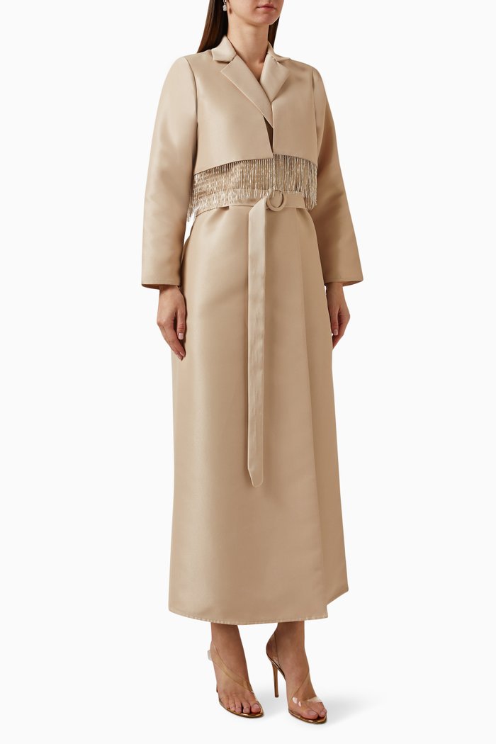 

Jacket-style Tassel Abaya in Satin, Neutral