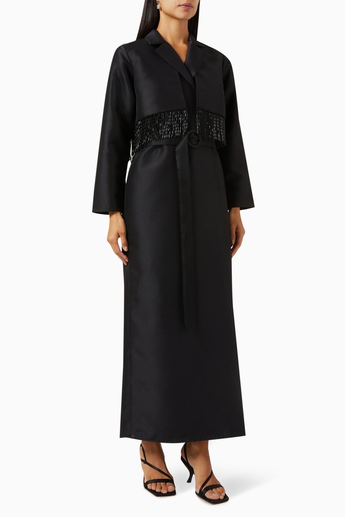 Jacket-style Tassel Abaya in Satin, Black