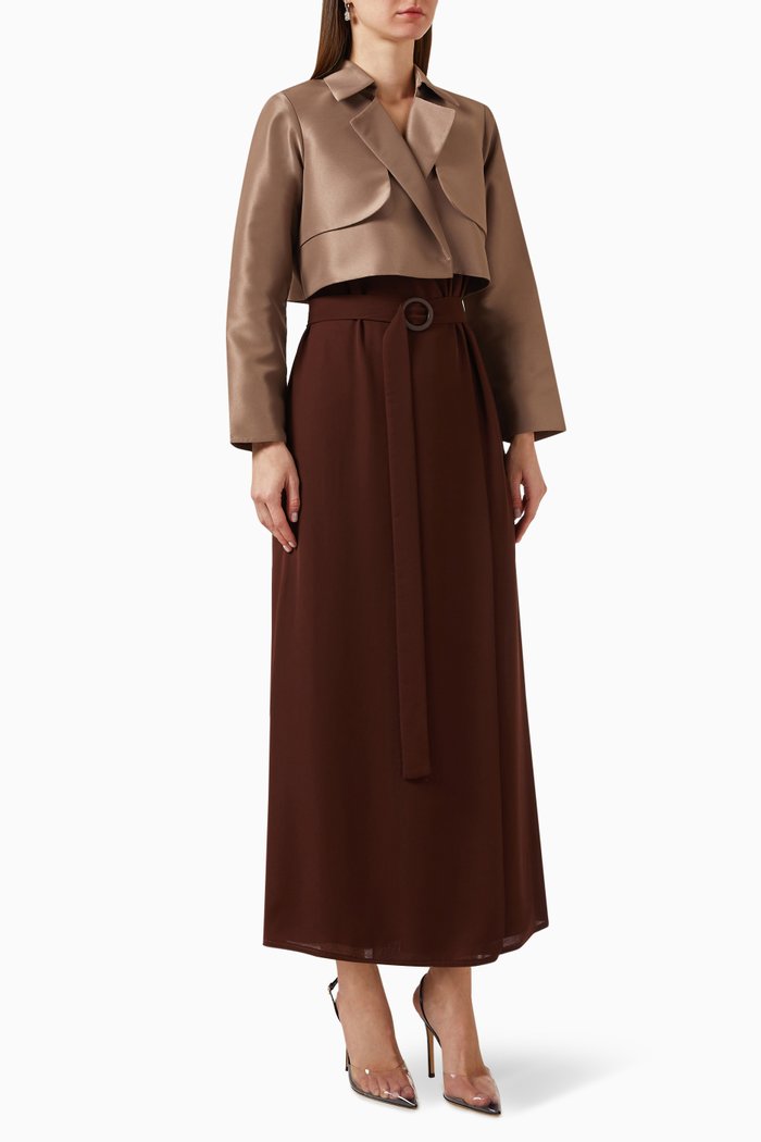 Two-tone Jacket-style Abaya in Satin & Chiffon, Brown