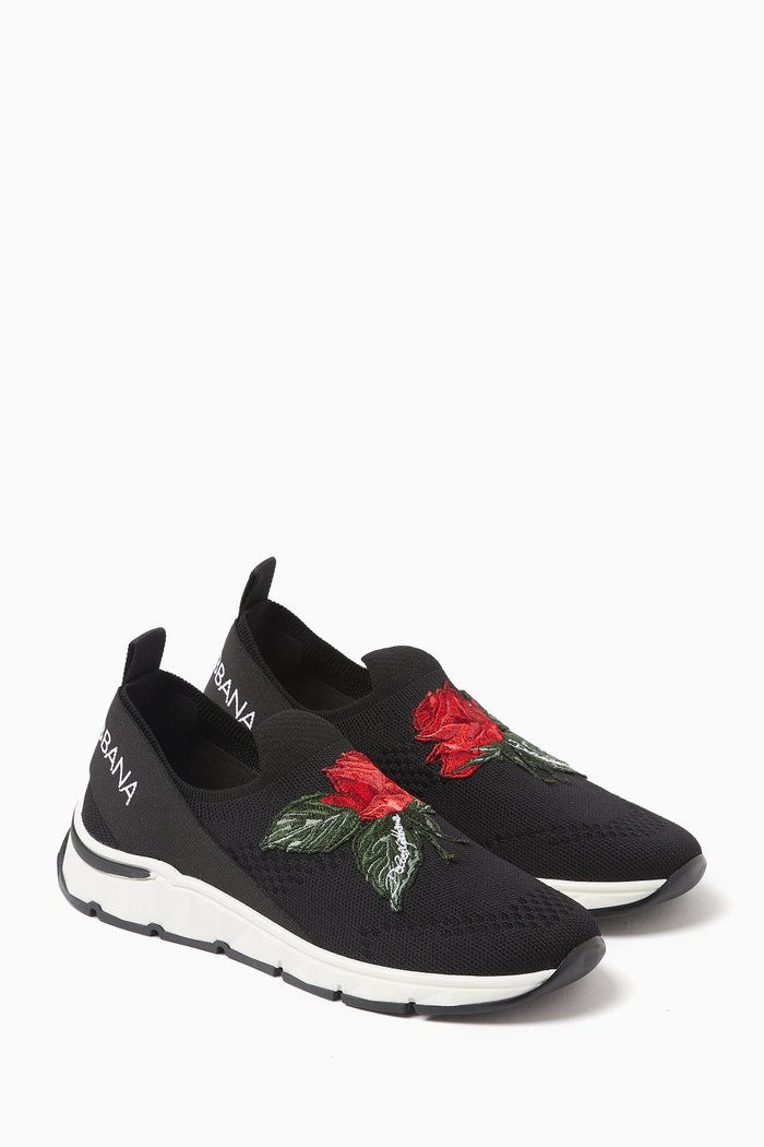 

Rose-embroidered Logo Sneakers in Knit Textile, Black