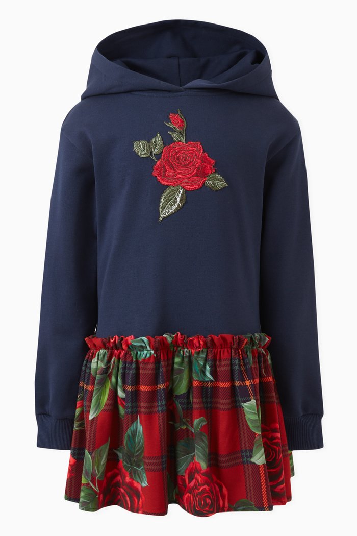 

Rose Print Hooded Dress in Cotton, Multicolour
