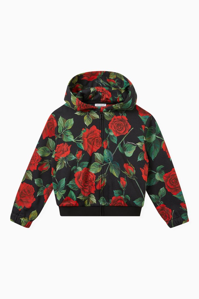 

Roses Print Hoodie in Cotton Jersey, Black