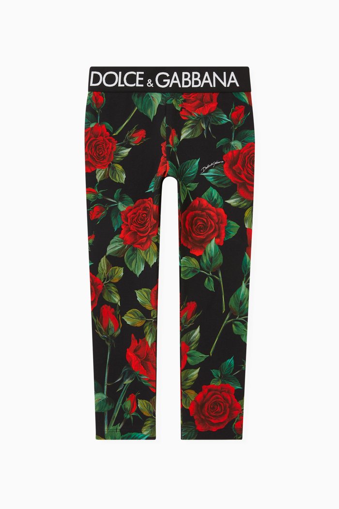 

Roses Print Logo Leggings in Cotton Interlock, Black