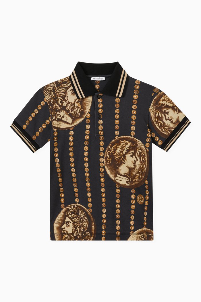 

Coin Print Polo in Cotton Pique, Black