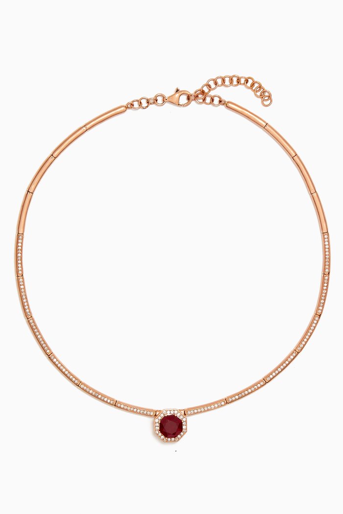 

The Golden Enamoured Diamond & Ruby Octagon Necklace in 18kt Rose Gold