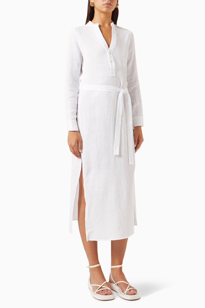 Frieda Belted Dress in Crinkle-cotton, White