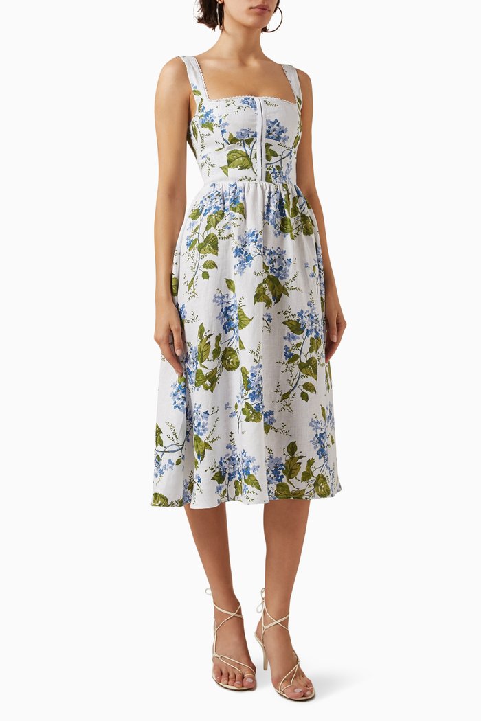 

Tagliatelle Floral-print Midi Dress in Linen, White