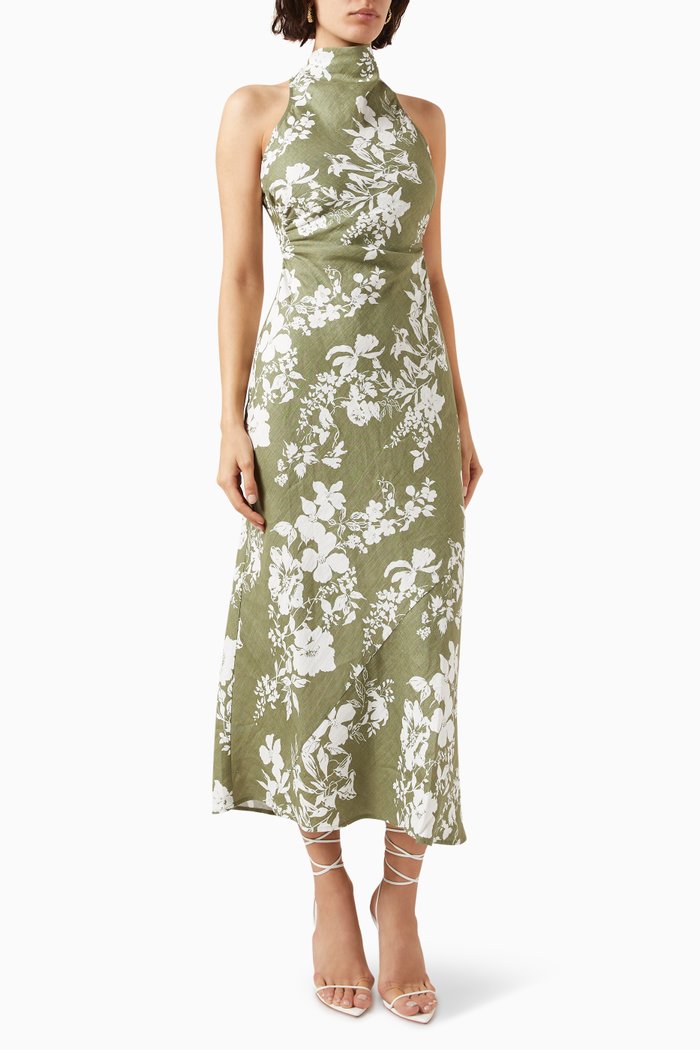 

Casette Floral-print Midi Dress in Linen, Green