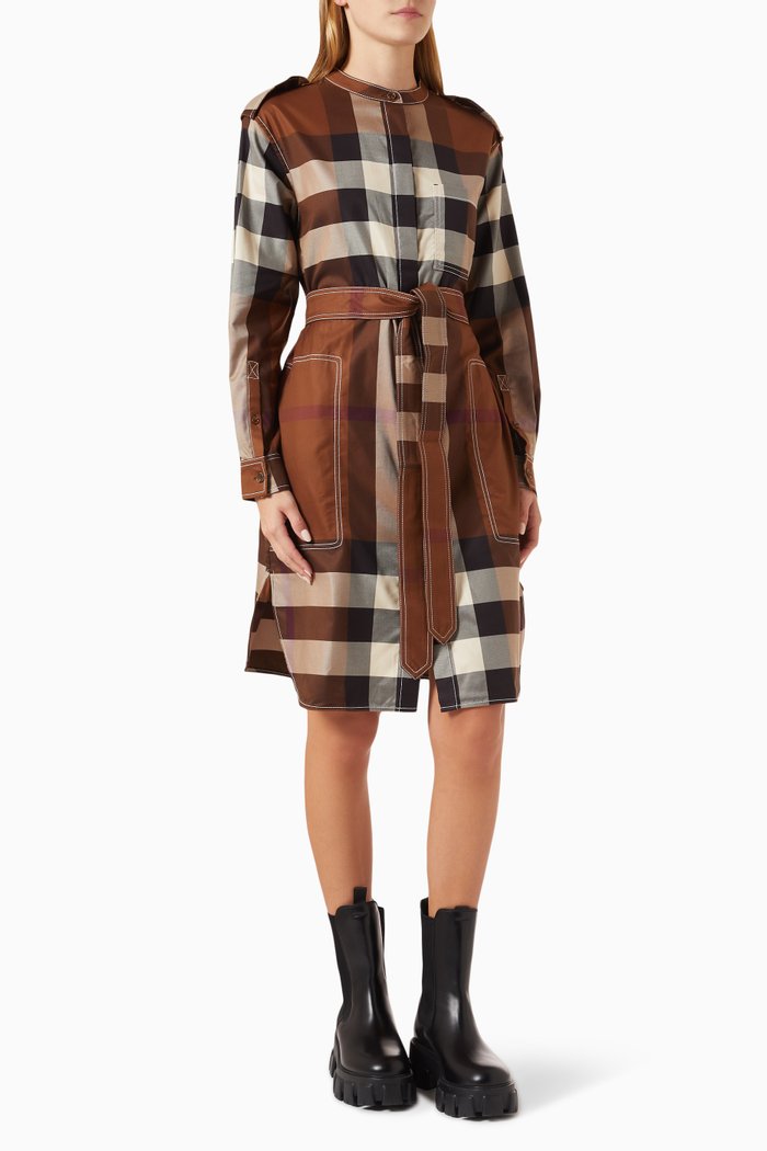 

Aurelia Exaggerated Check Mini Shirt Dress in Cotton, Brown