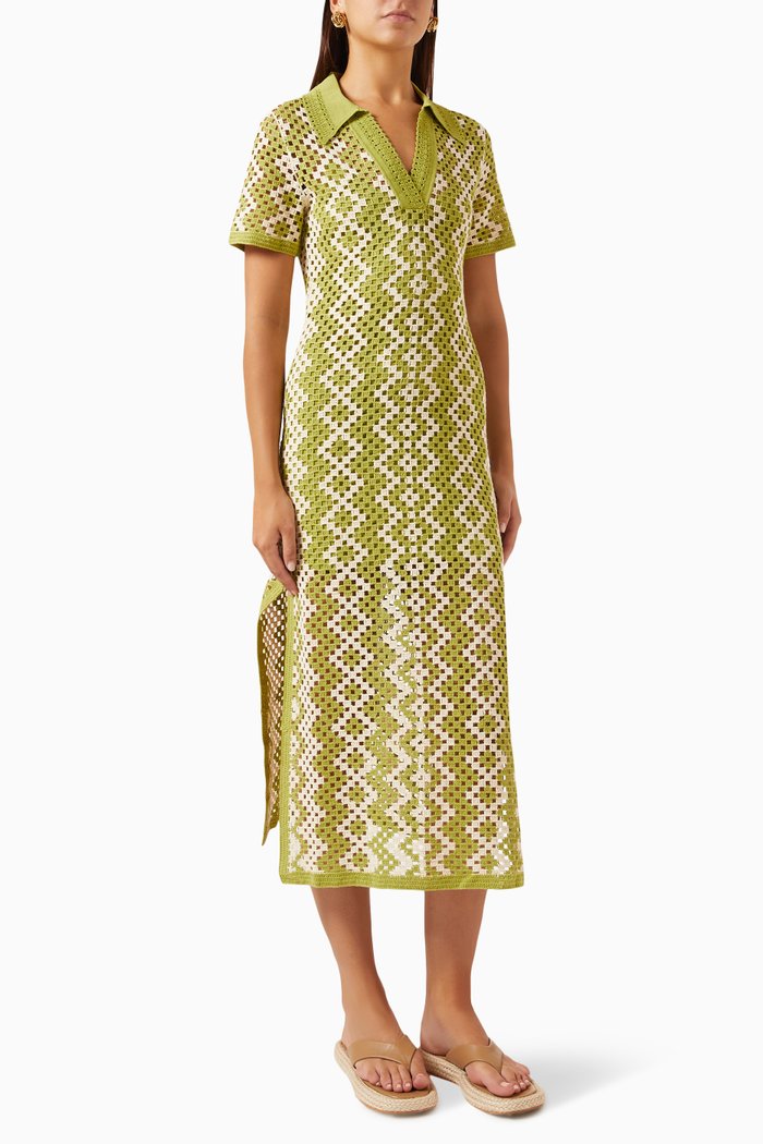 

Oona Crochet Tunic Midi Dress in Cotton-knit, Green