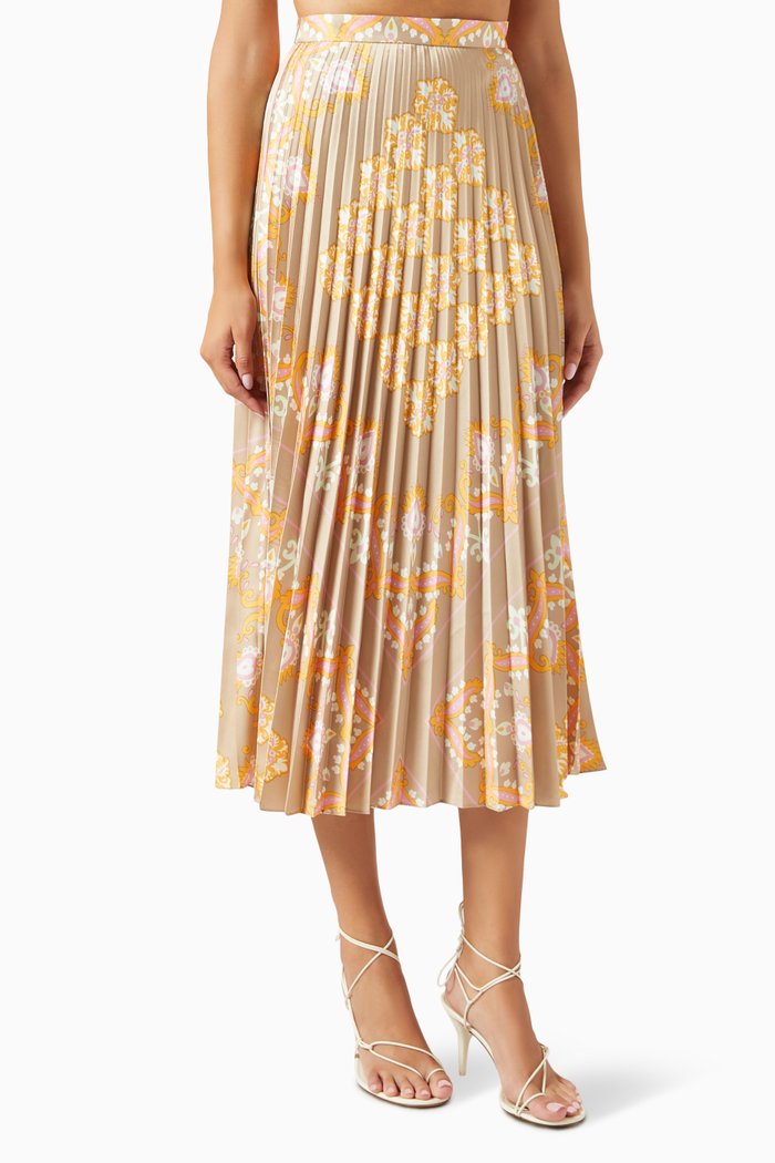 Pleated Midi Skirt in Satin, Neutral