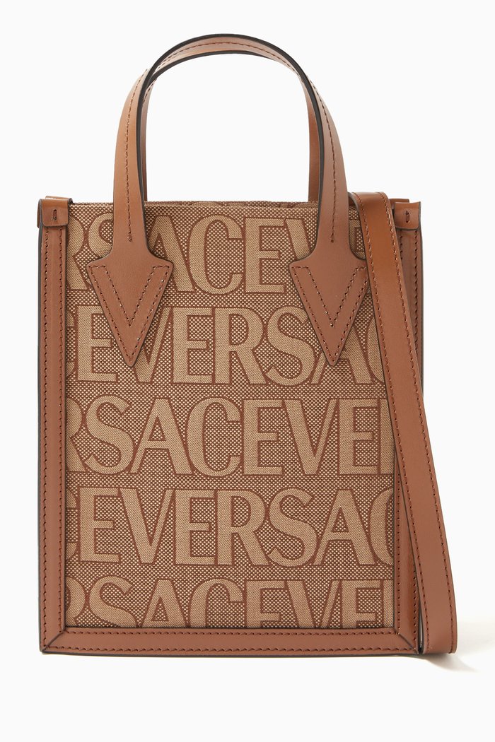 VERSACE Allover Crossbody Bag in Jacquard Canvas, Brown