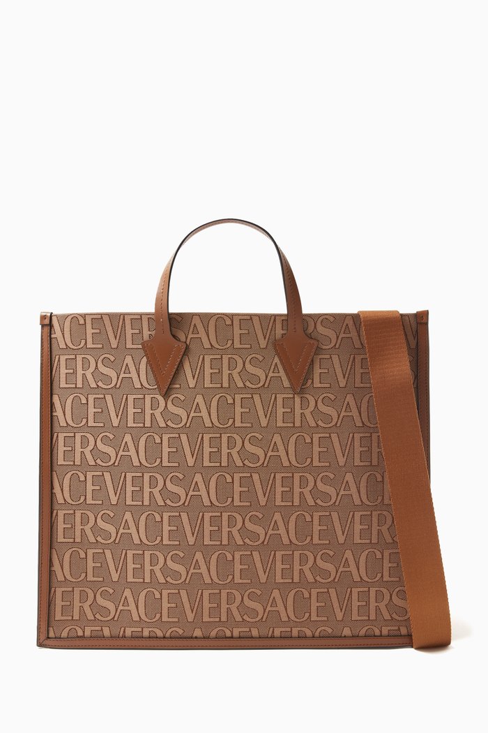 

VERSACE Allover Tote Bag in Jacquard Canvas, Brown