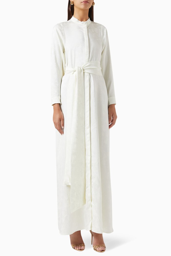 Palm Belted Maxi Dress in Jacquard, White