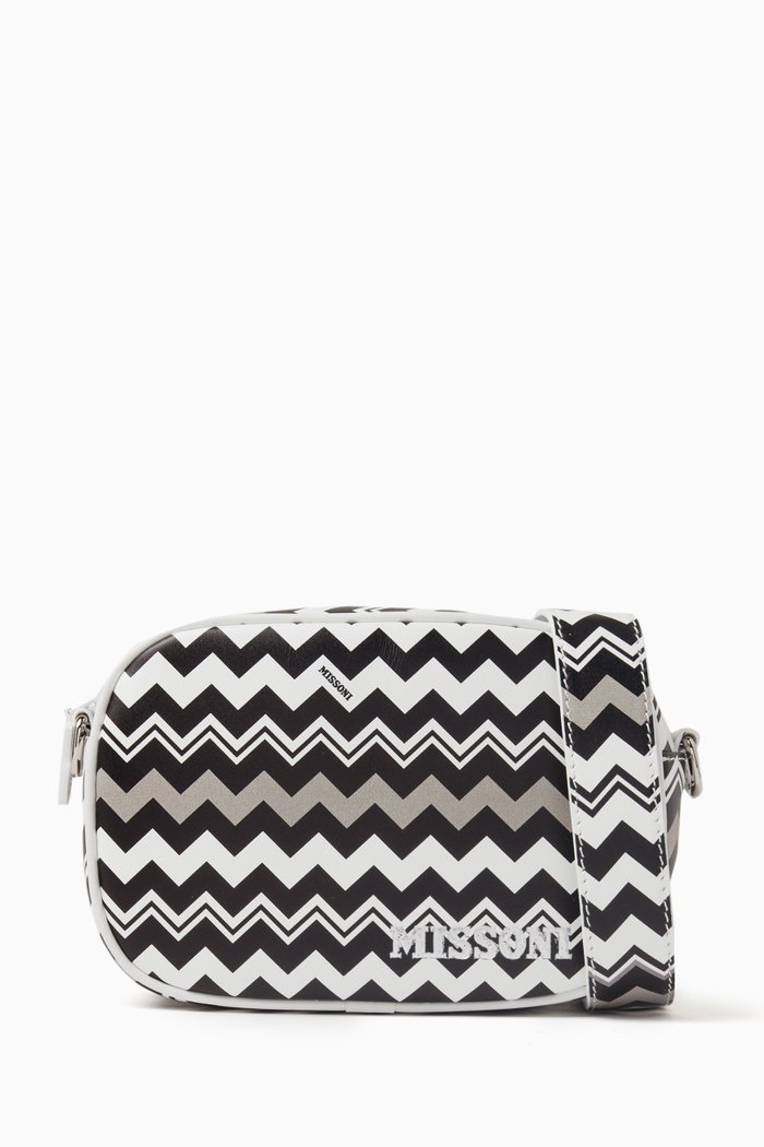 

Zigzag-print Shoulder Bag in Calf Leather, Black