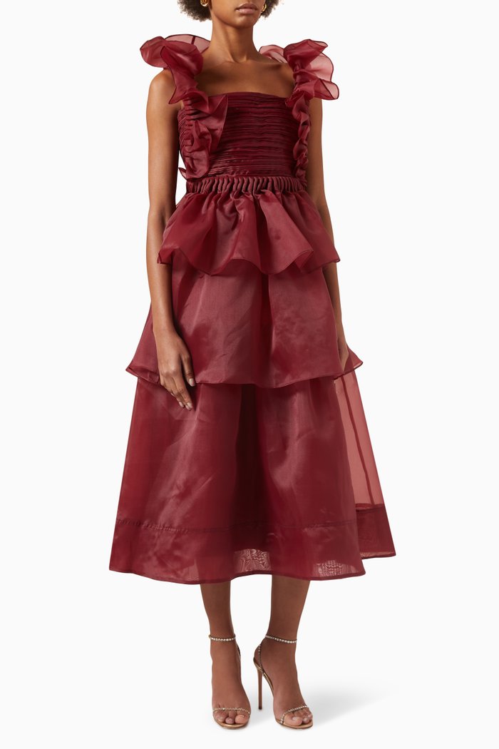 

Asra Pleated Frill Midi Dress in Organza, Burgundy