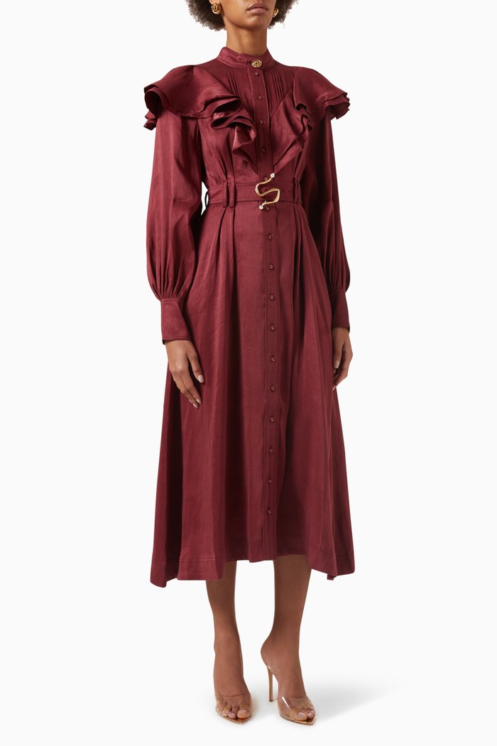 

Isabella Belted Midi Dress in Linen, Burgundy