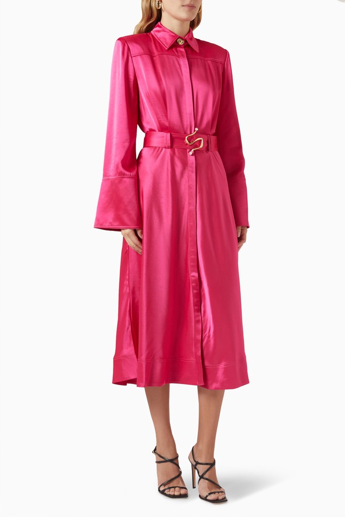 

Echo Belted Midi Shirt Dress in Satin, Pink