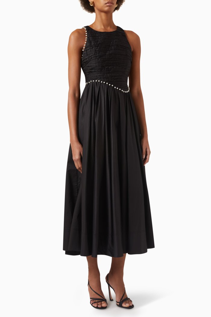 

Florence Pearl Trim Midi Dress in Cotton, Black