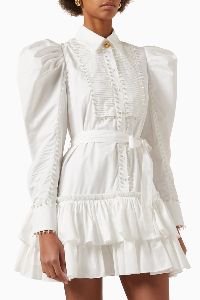 

Florence Pearl Trim Mini Dress in Cotton, Neutral