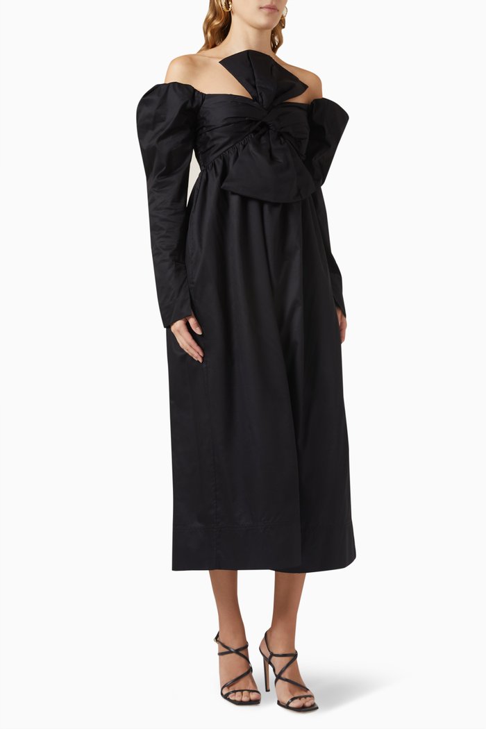 

Valentina Bow Midi Dress in Cotton-poplin, Black