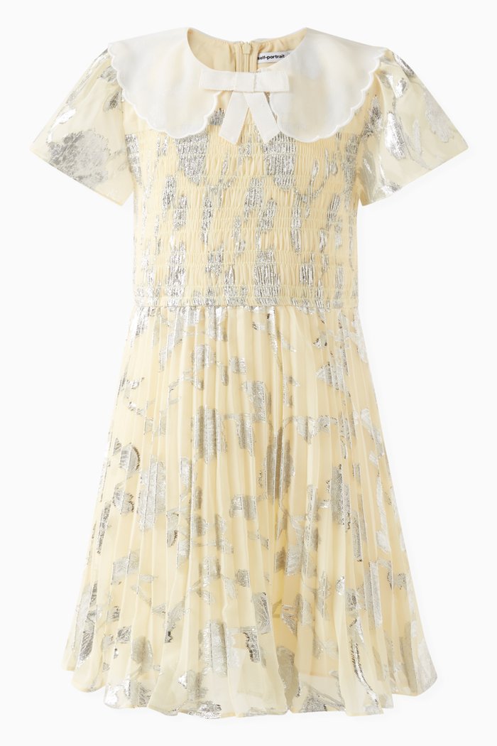 

Metallic Pleated Dress in Polyester, Yellow