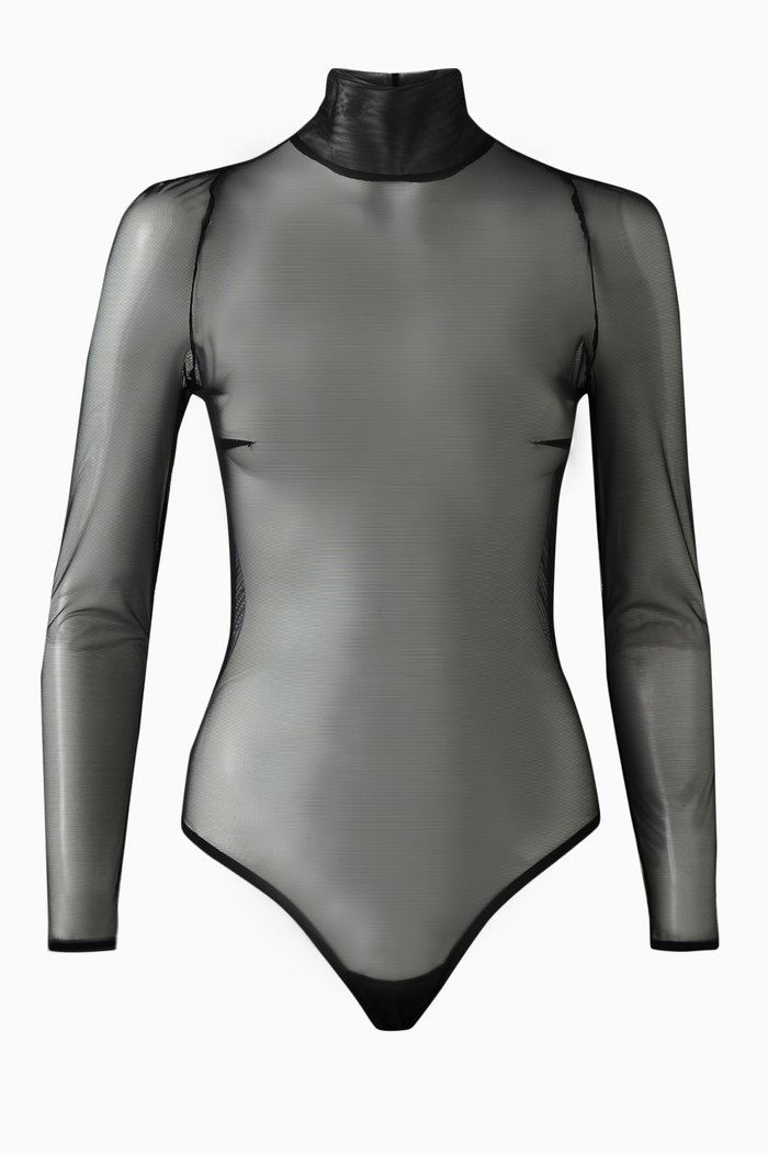 

Sheer High-neck Bodysuit in Stretch-mesh, Black