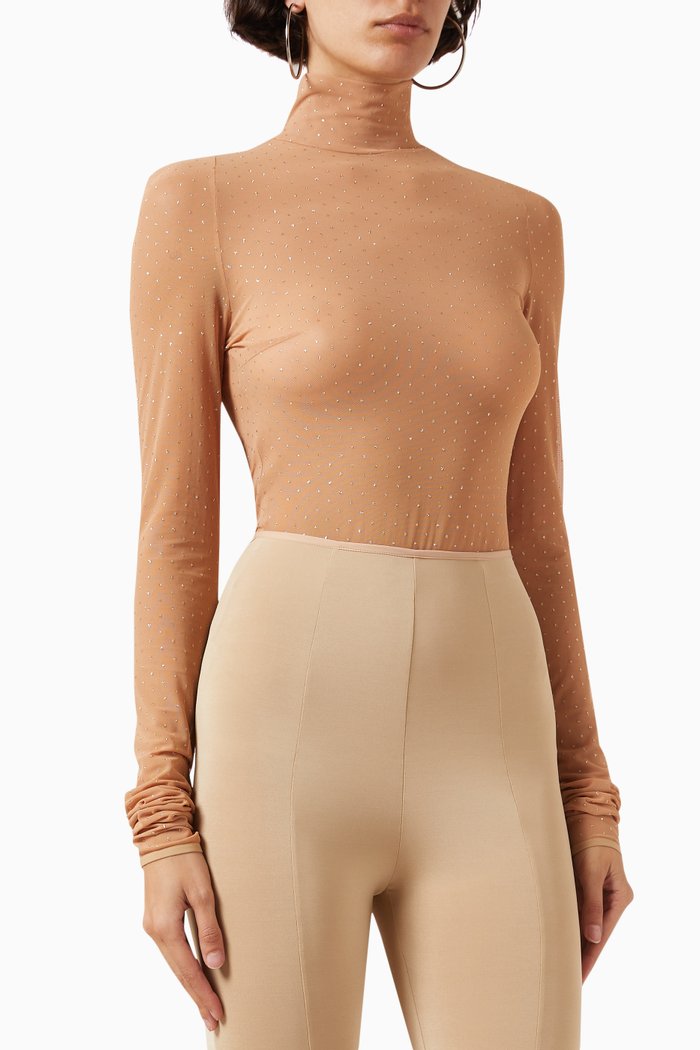 

Sheer High-neck Embellished Bodysuit in Stretch-mesh, Multicolour