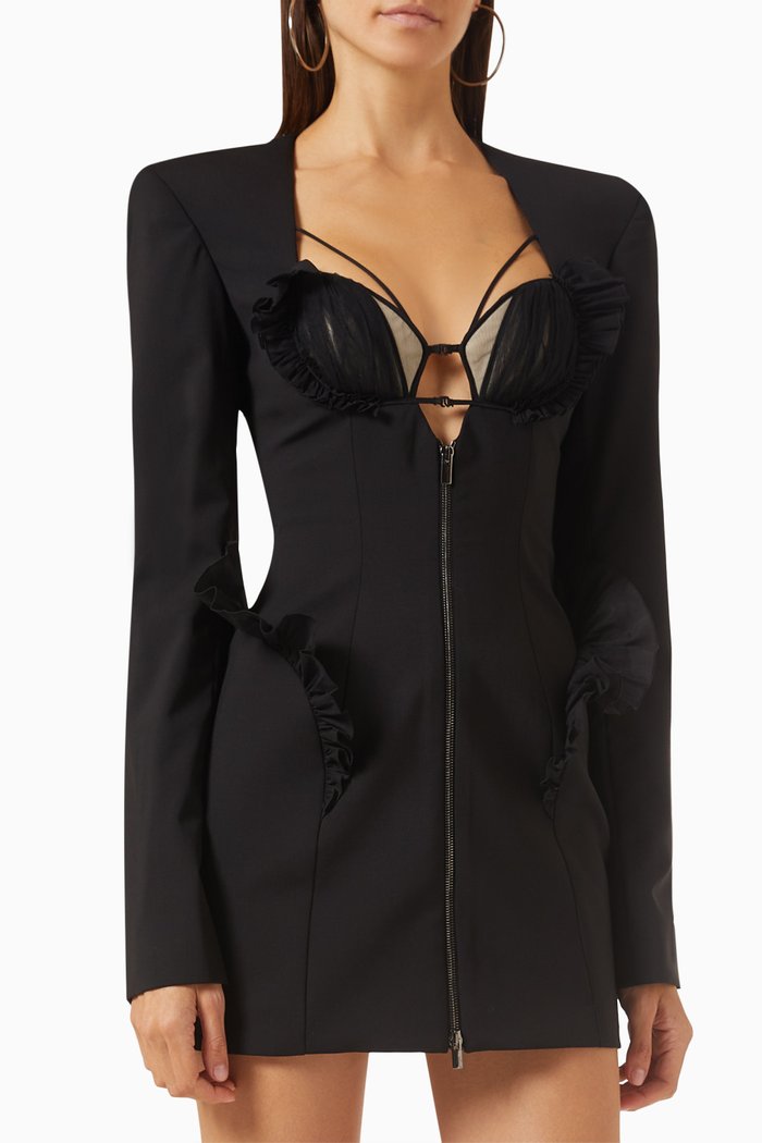 

Frilled Bra Hybrid Jacket Mini Dress in Stretch-wool, Black