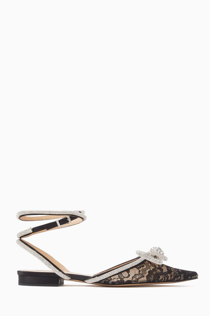 

Double Bow Flat Sandals in Lace, Black