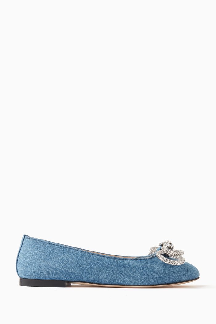 Double Bow Ballerina Flats in Denim, Blue