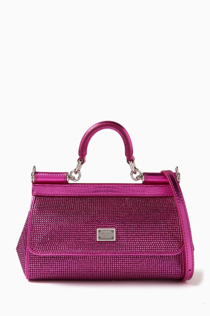 Small Sicily Long Bag in Rhinestones Satin, Pink