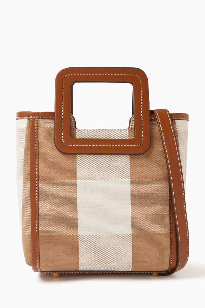 

Mini Shirley Bag in Gingham Linen Canvas, Brown