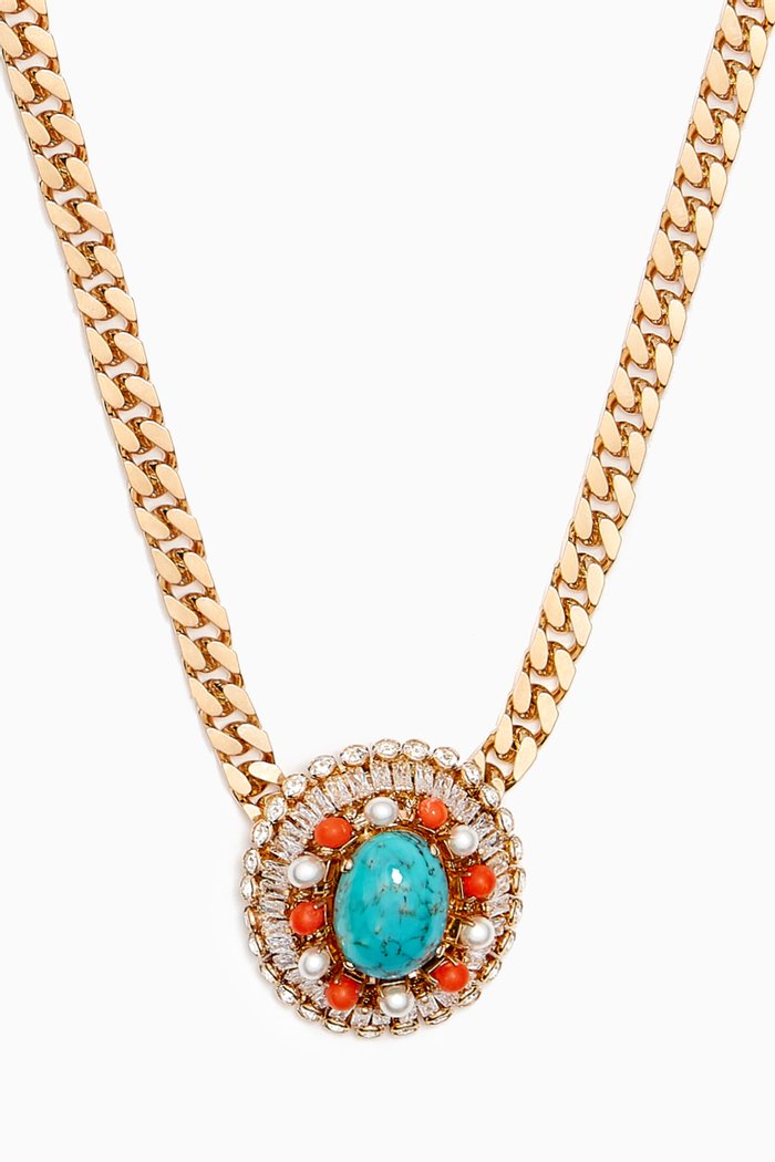 

Turquoise & Coral Cluster Necklace in Gold-plated Brass, Multicolour
