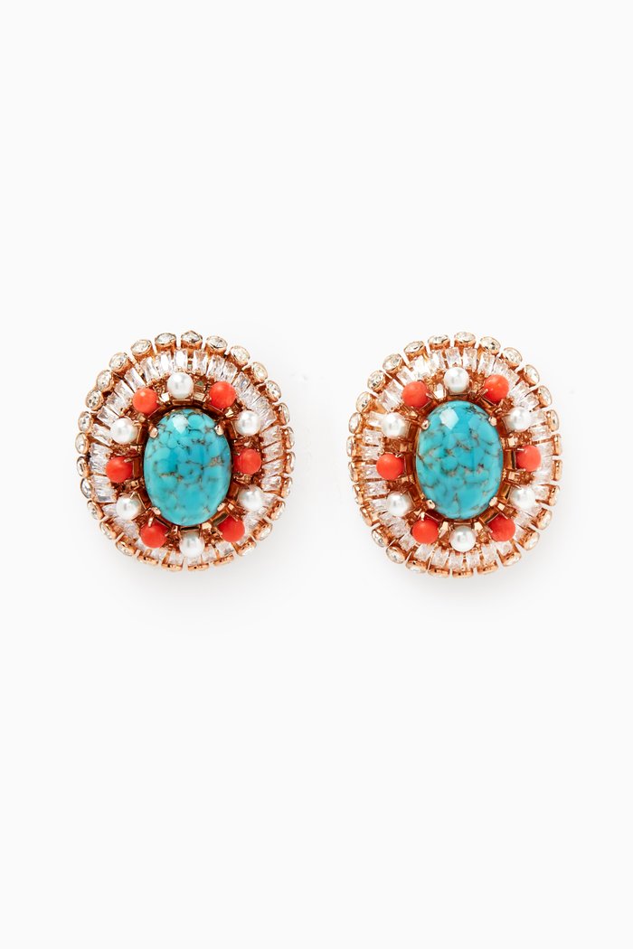 

Turquoise & Coral Cluster Stud Earrings in Gold-plated Brass, Multicolour