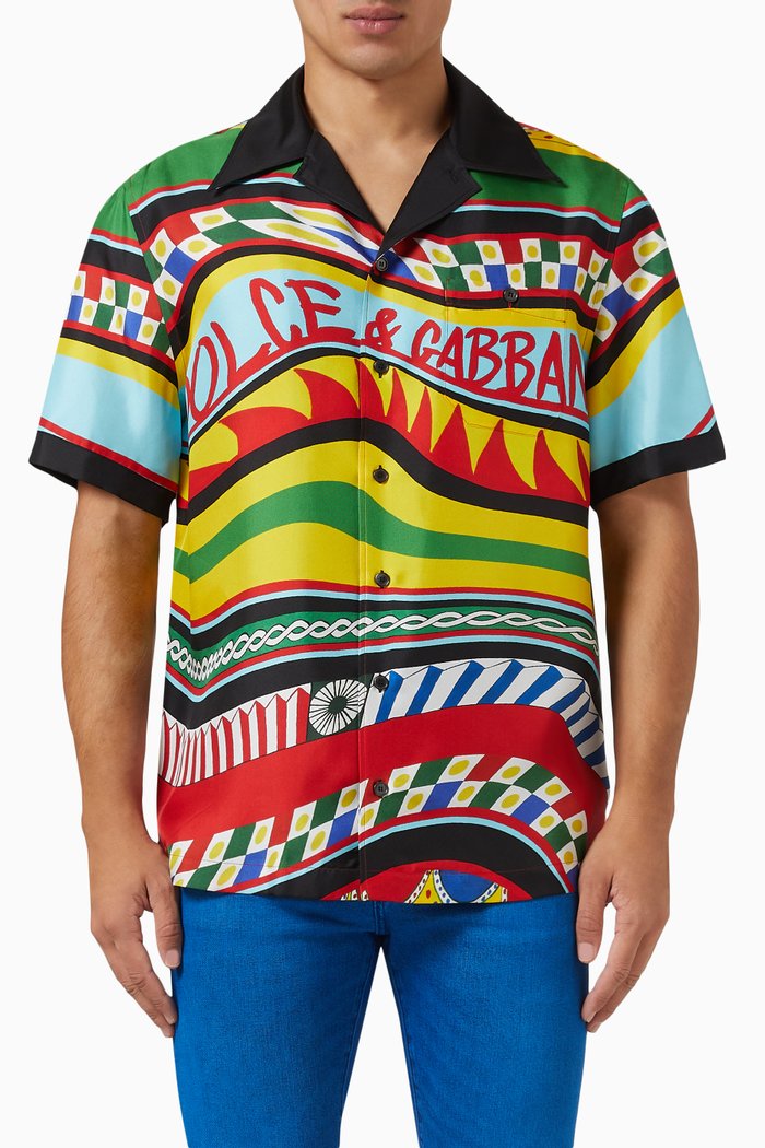Carretto Print Hawaiian Shirt in Silk Twill, Multicolour