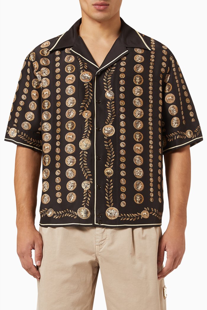 Coin Print Shirt in Habutai Silk, Multicolour