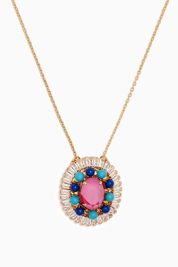 

Peony Pink, Lapis & Turquoise Cluster Necklace in Gold-plated Brass, Multicolour