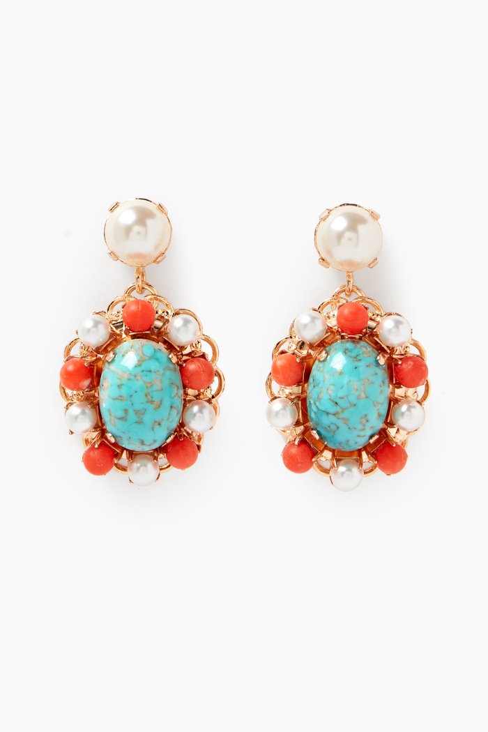 

Turquoise & Coral Pearl Drop Earrings in Gold-plated Brass, Multicolour