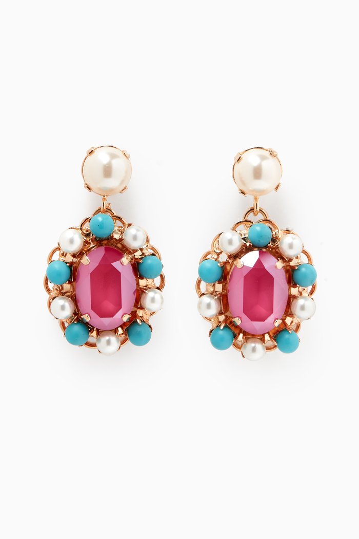 

Peony Pink & Turquoise Pearl Drop Earrings in Gold-plated Brass, Multicolour