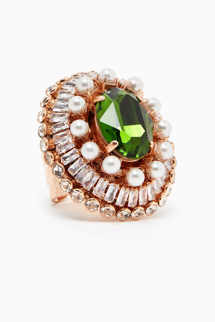 

Tourmaline & Pearl Cluster Ring in Gold-plated Brass, Green