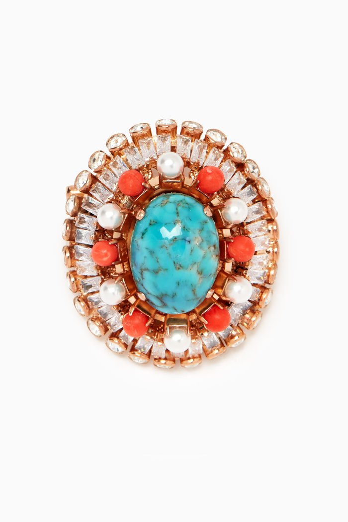 

Turquoise & Coral Pearl Brooch in Gold-plated Brass, Multicolour