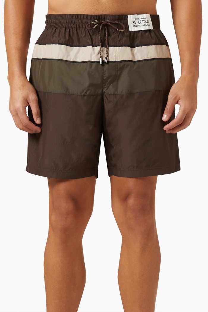 

Re-edition Striped Swim Shorts in Technical Satin, Brown