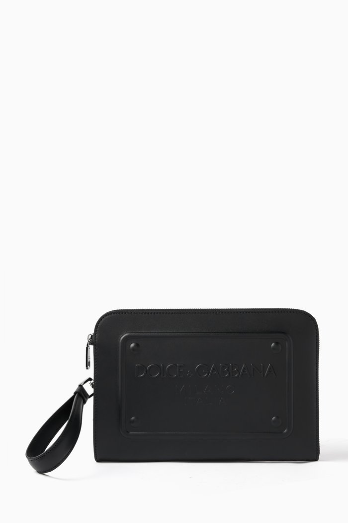 Logo Pouch in Calfskin Leather, Black