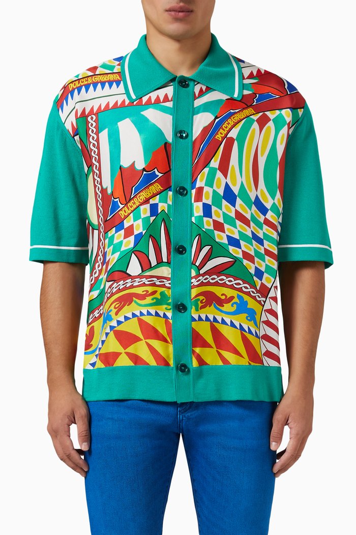 Carretto Print Shirt in Silk-cotton Blend Knit, Multicolour