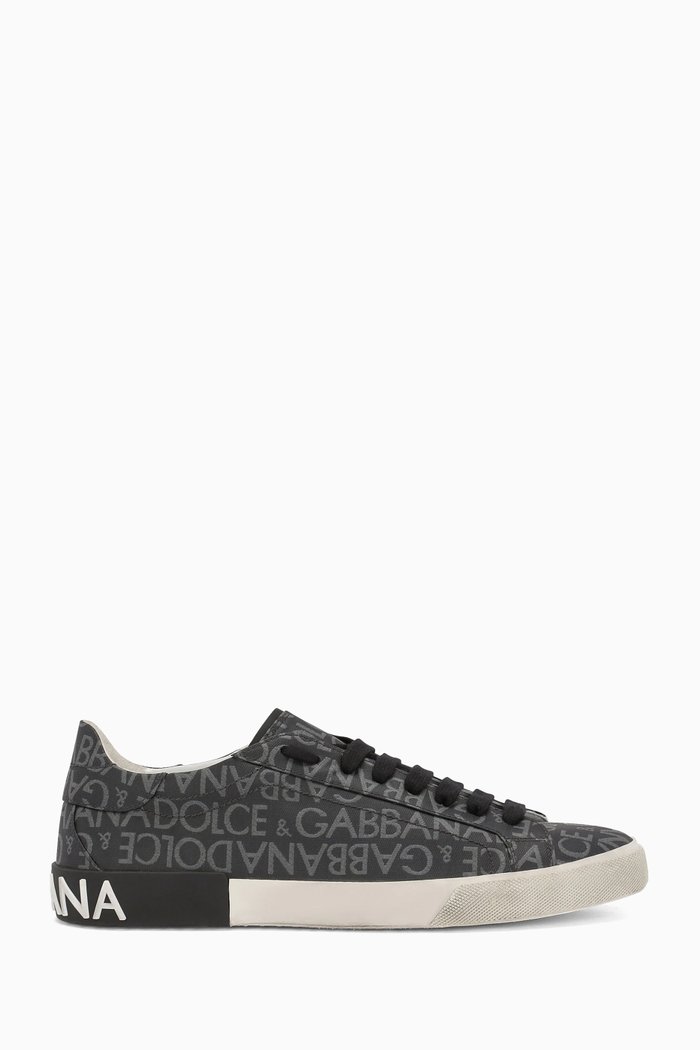 Jacquard Logo Sneakers in Coated Canvas, Black